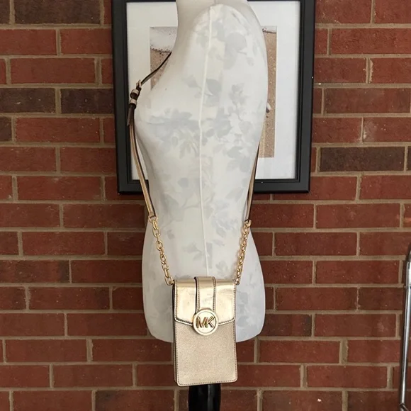 Michael Kors Carmen Logo Smartphone Gold Tone Crossbody Bag - Picture 2 of 7